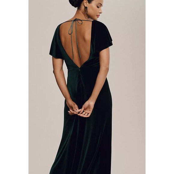 Jenny Yoo Ellis Flutter-Sleeve Open-Back Stretch Velvet Gown size 14 - Picture 4 of 5